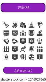 Vector icons pack of 25 filled signal icons. Simple modern icons about  - Bell, Satellite, Paint roller, Cone, Television, Siren, Tv, Notification, Phone call, Jelly beans, Candle