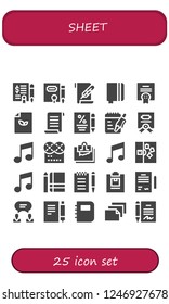 Vector icons pack of 25 filled sheet icons. Simple modern icons about  - Agreement, Contract, Paper, Notebook, Papyrus, Notes, Music, Note, Notepad