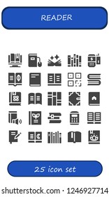 Vector icons pack of 25 filled reader icons. Simple modern icons about  - Ebook, Book, Books, Payment terminal, QR