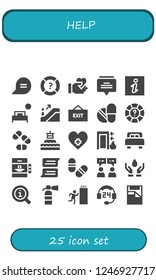 Vector icons pack of 25 filled help icons. Simple modern icons about  - Chat, Help, Give love, Information, Bed, Escalator, Exit, Pills, Buoy, Hospital, Elevator, Blood donation