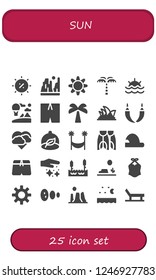 Vector icons pack of 25 filled sun icons. Simple modern icons about  - Summer, Canyon, Sun, Palm tree, Sunset, Sky, Swimsuit, Opera house, Hammock, Storm, Ecologism, Flippers