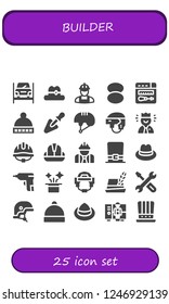 Vector icons pack of 25 filled builder icons. Simple modern icons about  - Repairing, Hat, Worker, Foundation, Repair, Trowel, Helmet, Caulk gun
