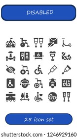 Vector icons pack of 25 filled disabled icons. Simple modern icons about  - Ramp, Wheelchair, Crutches, Hidden, Scooter, Wc, Disabled, Crutch, Plastered arm, Blind, Disability