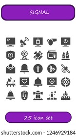 Vector icons pack of 25 filled signal icons. Simple modern icons about  - Television, Satellite, Whistle, Warning, Signal, Tv, Candle, Notification, Alarm bell, Traffic signal