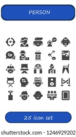 Vector icons pack of 25 filled person icons. Simple modern icons about  - Friendship, Call center, Avatar, Customer service, Man, Conversation, Farmer, Tribune, Friends, Bed, Director