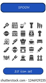 Vector icons pack of 25 filled spoon icons. Simple modern icons about  - Spatula, Coffee shop, Ladle, Knives, Soup, Restaurant, Baby food, Tea bag, Spoon, Cauldron, Knife, Chef