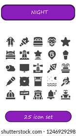 Vector icons pack of 25 filled night icons. Simple modern icons about  - Pijama, Torch, Bed, Dracula, Star, Lighthouse, Bar, Cloudy, Night stand, Fountain, Karaoke, Pillow, Night