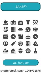 Vector icons pack of 25 filled bakery icons. Simple modern icons about  - Cake, Fish food, Piping bag, Pretzel, Cookie, Croissant, Pie, Biscuit, Doughnut, Bread, Rolling pin, Samosa