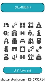 Vector icons pack of 25 filled dumbbell icons. Simple modern icons about  - Push up, Sport, Dumbbell, Weights, Weight, Gym, Weightlifting, Barbell, Fitness, Fitness step, Chest expander