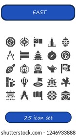 Vector icons pack of 25 filled east icons. Simple modern icons about  - Yin yang, Windrose, China, Burj khalifa, Lantern, Compass, Flags, Pagoda, Bedouin, Magic lamp, Bamboo, Flag