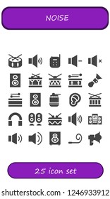 Vector icons pack of 25 filled noise icons. Simple modern icons about  - Drum, Volume, Baby monitor, Subwoofer, Horn, Woofer, Ear, Audio, Loudspeaker, Party blower