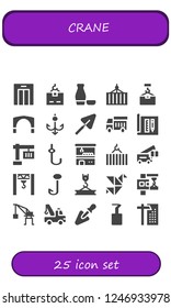 Vector icons pack of 25 filled crane icons. Simple modern icons about  - Lift, Crane, Sake, Container, Stari most, Hook, Trowel, Garbage truck, Architecture, Claw machine, Origami