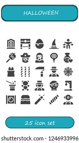 Vector icons pack of 25 filled halloween icons. Simple modern icons about  - Tombstone, Pillory, Candy, Witch, Voodoo doll, Caramelized apple, Skull, Teleoperator, Love potion