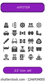 Vector icons pack of 25 filled hipster icons. Simple modern icons about  - Suspenders, Barber, Helm, Sunglasses, Gentleman, Bow tie, Tattoo, Chalk, Buck, Moustache, Phonograph