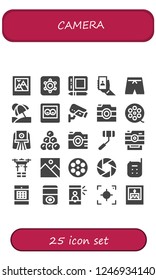 Vector icons pack of 25 filled camera icons. Simple modern icons about  - Picture, Hidden camera, Graphic tablet, Selfie, Swimsuit, Vacation, Cctv, Camera, Film roll, Round shot
