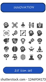 Vector icons pack of 25 filled innovation icons. Simple modern icons about  - Mind, Drone, Lamp, Skills, Eye scan, Cube, Transform, Emblem, Bulb, Stem, Light, Idea, Brain, Startup