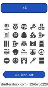 Vector icons pack of 25 filled 3d icons. Simple modern icons about  - Hologram, Reel, Earth grid, Cube, Cubes, Layout, Flipdrive, Gumdrop, Chewing gum, Film, Virtual reality, Panorama