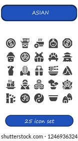 Vector icons pack of 25 filled asian icons. Simple modern icons about  - Yin yang, Noodles, Bowl, Arab woman, Geisha, Kamon, Kendo, Dumpling, Pagoda, Cheongsam, Martial arts, Nunchaku