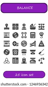 Vector icons pack of 25 filled balance icons. Simple modern icons about  - Scales, Calculator, Weight, Cradle, Balance, Momentum, Yin yang, Weights, Scale, Newton cradle, Slider
