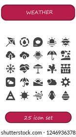 Vector icons pack of 25 filled weather icons. Simple modern icons about  - Umbrella, Water, Fall, Sunrise, Sun, Cloud, Sunset, Sky, Snowflake, Storm, Vane, Farming, Weather, Cloudy