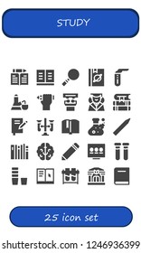 Vector icons pack of 25 filled study icons. Simple modern icons about  - Learn, Book, Magnifying glass, Test tube, Flask, Pencil, Presentation, Graduation, Books, Test tubes, Brain