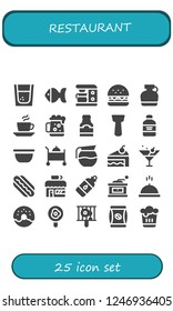Vector icons pack of 25 filled restaurant icons. Simple modern icons about  - Tequila, Fish, Coffee maker, Burger, Canteen, Coffee, Dark beer, Beer bottle, Spatula, Wine bottle