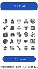 Vector icons pack of 25 filled culture icons. Simple modern icons about  - Saint Patrick, Galata tower, Lantern, Martial arts, Yin yang, Cannoli, Pagoda, Triquetra, Ninja, Pantheon