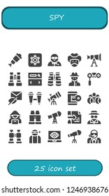 Vector icons pack of 25 filled spy icons. Simple modern icons about  - Spyglass, Hidden camera, Bodyguard, Bandit, Telescope, Binoculars, Searcher, Spy, Hidden, Hacker, Invisible man