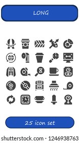 Vector icons pack of 25 filled long icons. Simple modern icons about  - Sword, Coffee cup, Plait, Spear, Break, Sync, Measuring tape, Cup, Clocks, Size, Wig, Sandclock, Wall clock