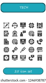 Vector icons pack of 25 filled tech icons. Simple modern icons about  - Transform, Support, Computer, Cpu, Scheme, Hard disk, Customer support, Supporter, Earth grid, Pattern