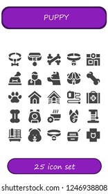 Vector icons pack of 25 filled puppy icons. Simple modern icons about  - Collar, Bones, Veterinary, Dog, Veterinarian, Hamster, Bone, Pawprints, Dog house, Extending leads, Pet