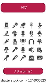 Vector icons pack of 25 filled mic icons. Simple modern icons about  - Microphone, Audio, Cd, Karaoke, Music album, Recording