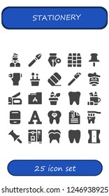 Vector icons pack of 25 filled stationery icons. Simple modern icons about  - Artist, Pen, Crayons, Push pin, Pencil case, Eraser, Stapler, Font, Tooth, Paperclip, Sharpener