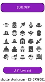 Vector icons pack of 25 filled builder icons. Simple modern icons about  - Hat, Foundation, Trowel, Worker, Helmet, Plumb bob, Repairing