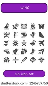 Vector icons pack of 25 filled wing icons. Simple modern icons about  - Bird, Bee, Butterfly, Owl, Parrot, Helicopter, Seagull, Origami, Bumblebee, Wingsuit, Plane, Pigeon, Paper plane