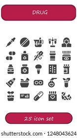 Vector icons pack of 25 filled drug icons. Simple modern icons about  - Pipette, Pill, Beaker, Test tube, Pharmacist, Pills, Eyedropper, Needle, Medicine, Drugs, Enema, Ointment