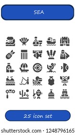 Vector icons pack of 25 filled sea icons. Simple modern icons about  - Wave, Shell, Rum, Cargo ship, Medieval, Bomb, Float, Fish, Seaweed, Fins, Hammock, Seagull, Jet ski, Fishing