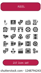 Vector icons pack of 25 filled reel icons. Simple modern icons about  - Fishing rod, Video, Theater, Recorder, Slot machine, Hose, Film reel, Film roll, Copper, Film, Reel, Theatre