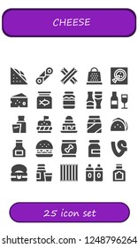 Vector icons pack of 25 filled cheese icons. Simple modern icons about  - Sandwich, Cannoli, Churros, Grater, Pizza, Cheese, Fish food, Milk, Sauces, Wine, Burger, Brownie, Taco