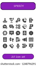 Vector icons pack of 25 filled speech icons. Simple modern icons about  - Podium, Bomb, Information, Call, Sms, Conversation, Chat, Comments, Speech, Loudspeaker, Speaker, Megaphone