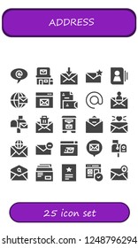 Vector icons pack of 25 filled address icons. Simple modern icons about  - Arroba, Post office, Mail, Email, Contact, Browser, Stationery, Mailbox, Mail box, Mailing, Envelope