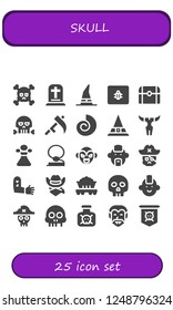 Vector icons pack of 25 filled skull icons. Simple modern icons about  - Skull, Gravestone, Witch, Spam, Treasure, Scythe, Fossil, Poison, Cowboy, Vampire, Punk, Tattoo, Wagon