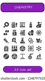 Vector icons pack of 25 filled chemistry icons. Simple modern icons about  - Research, Medicine, Momentum, Eye dropper, Flask, Pills, School material, Chemistry, Tube, Molecule