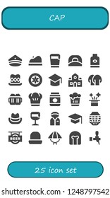 Vector icons pack of 25 filled cap icons. Simple modern icons about  - Police hat, Beret, Beer, Cap, Shampoo, Top hat, Wheels, Graduation, School, Mushroom, Beers, Chef, Jar, Hat