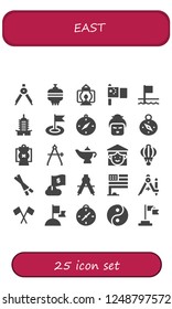Vector icons pack of 25 filled east icons. Simple modern icons about  - Compass, Lantern, China, Flags, Pagoda, Flag, Geisha, Magic lamp, Vietnamese, Chopsticks, Yin yang