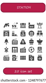 Vector icons pack of 25 filled station icons. Simple modern icons about  - Gas station, Satellite dish, Train station, Factory, Giant swing, Tunnel, Coal, Railway, Waiting room