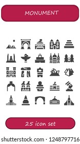Vector icons pack of 25 filled monument icons. Simple modern icons about  - Pyramids, Arch, White house, Castle, Pyramid, Democracy monument, Totem, Saint paul, Notre dame, Dolmen
