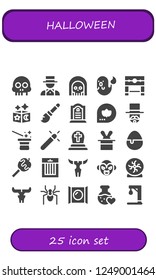 Vector icons pack of 25 filled halloween icons. Simple modern icons about  - Skull, Magician, Death, Ghost, Pillory, Magic, Broomstick, Tombstone, Fall, Cemetery, Candy, Caramelized apple