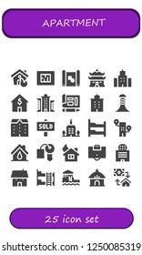 Vector icons pack of 25 filled apartment icons. Simple modern icons about  - House, Blueprint, Building, Apartments, Sold, Skyscrapper, Bunk bed, Hotel key, Area, Bungalow, Hut