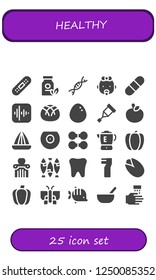 Vector icons pack of 25 filled healthy icons. Simple modern icons about  - Bandage, Medicine, Genetic, Baby, Pill, Apple, Bread, Egg, Crutch, Juicer, Breast, Dumbbell, Blender